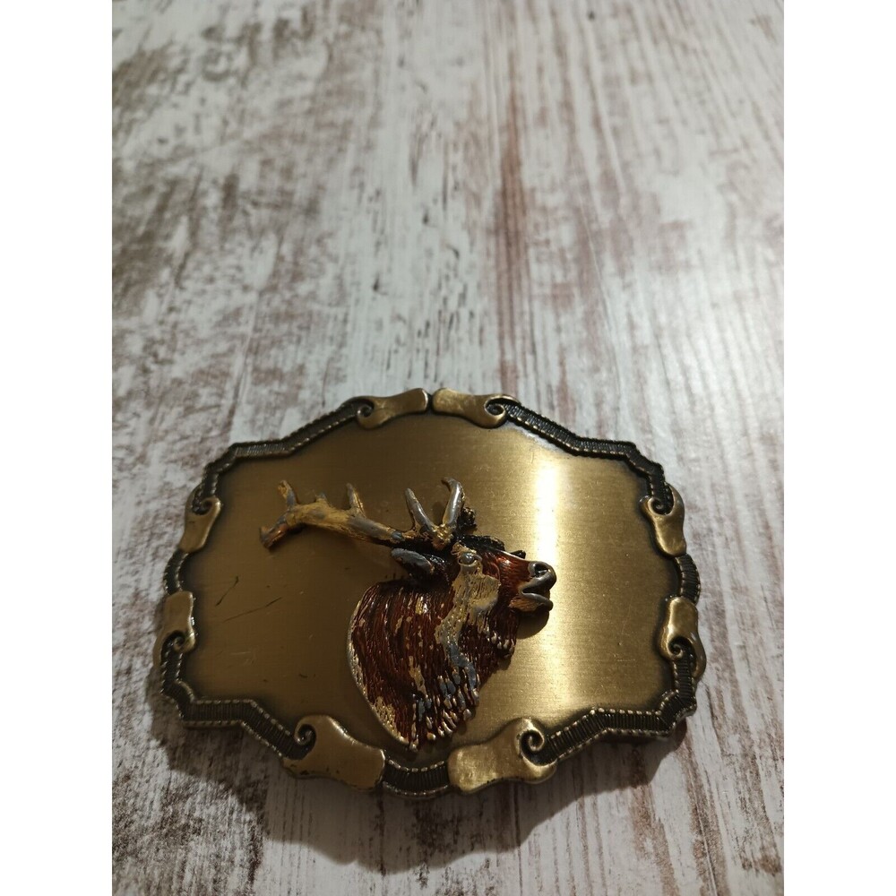 Vintage Western Belt Buckle Bugling Elk 3D Enamel On Brass 1978 Raintree